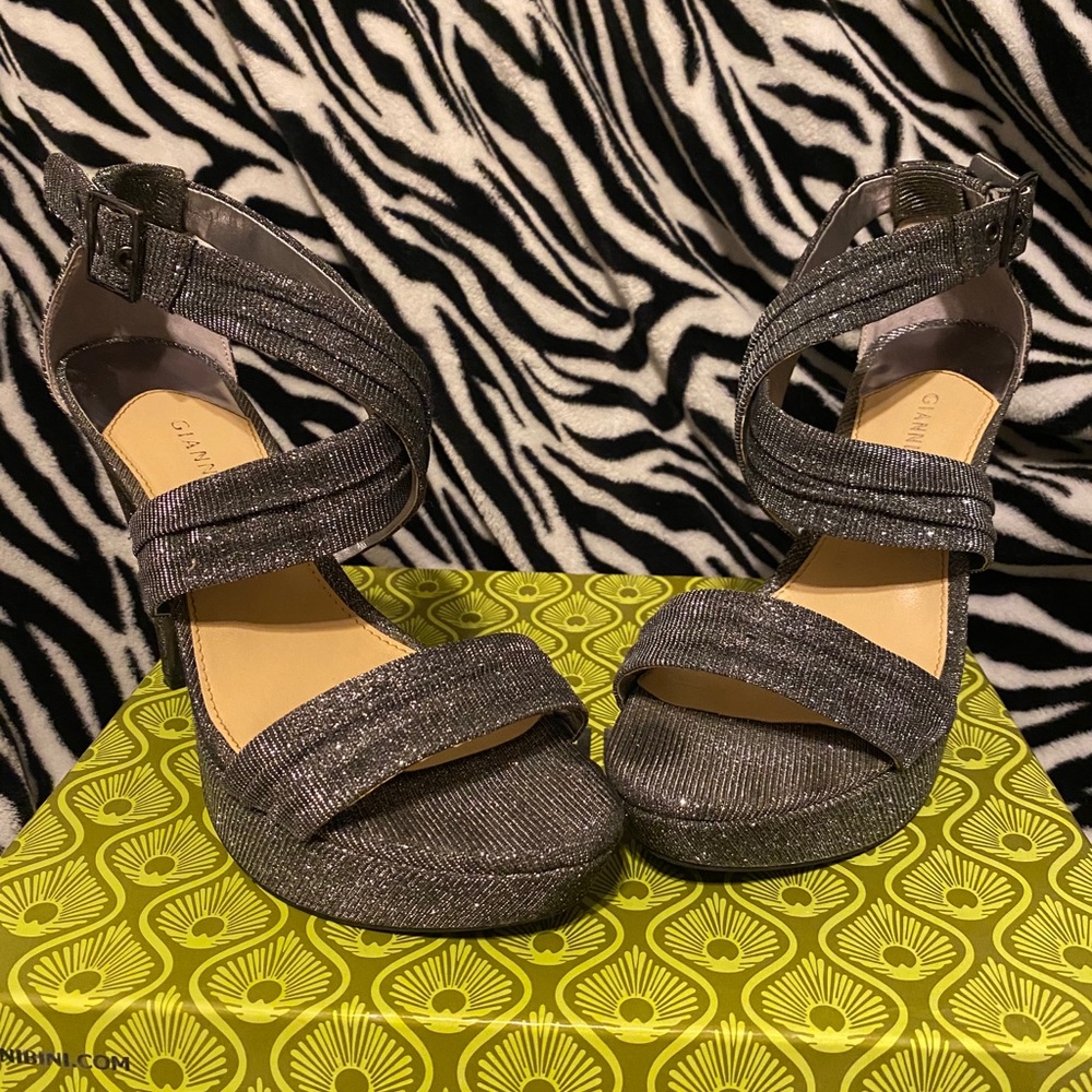 Black and silver cross strap heels